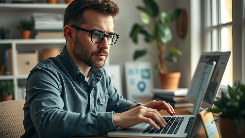 Digital marketing specialist researching keywords for PPC ads, working in a cozy, well-lit workspace with highlighted keywords on a laptop.