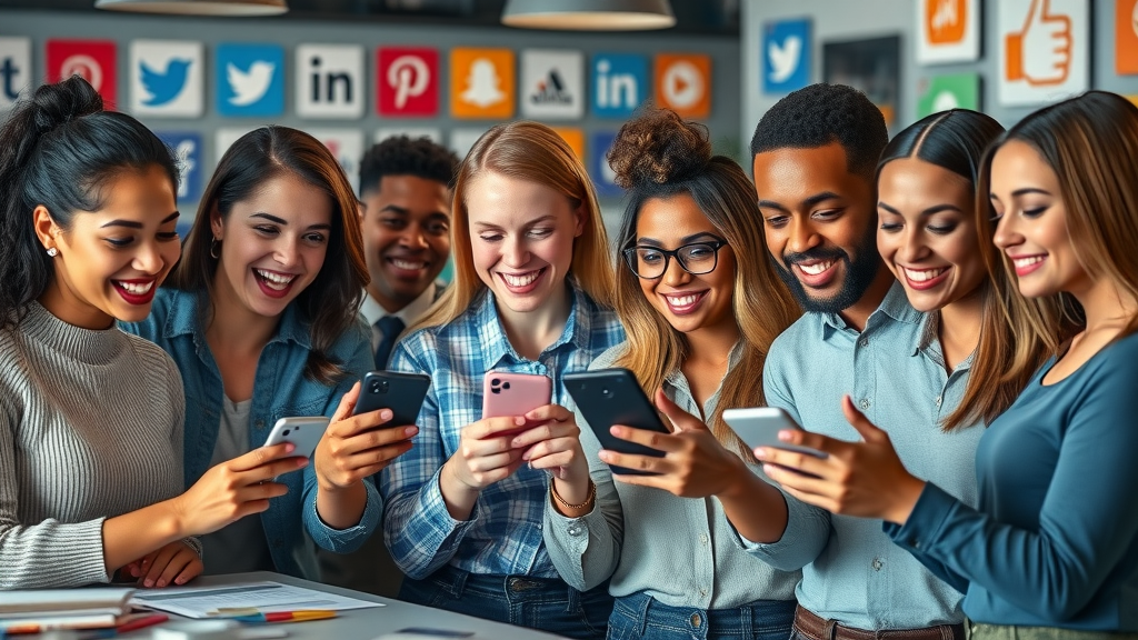 Diverse marketing professionals collaborating on social media video posts, workspace with platform logos and ring light