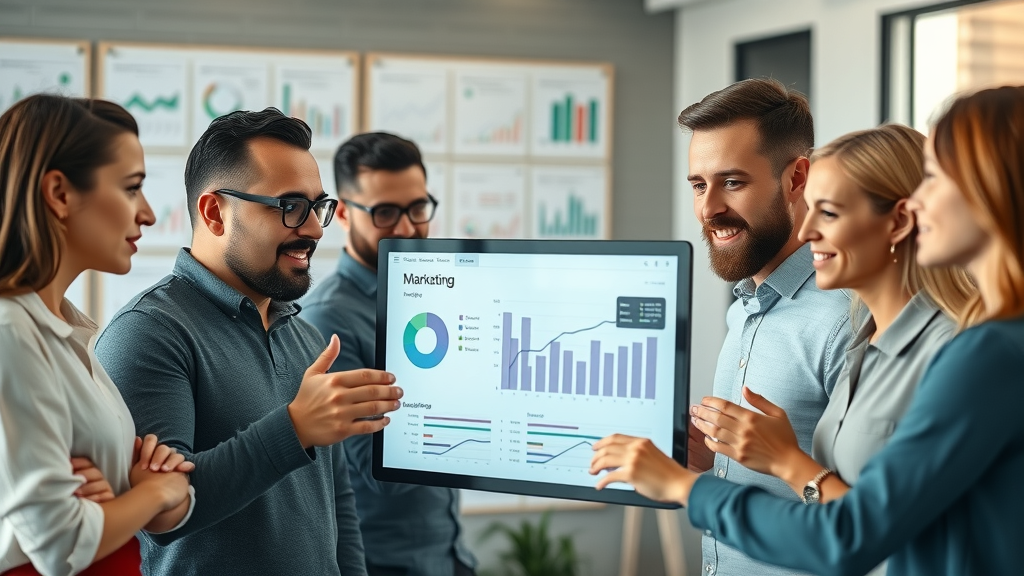 marketing team analyzing data for brand storytelling through video in modern office