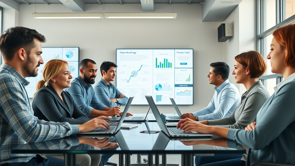 collaborative marketing team strategizing with digital boards, reflecting an AI-driven marketing team environment