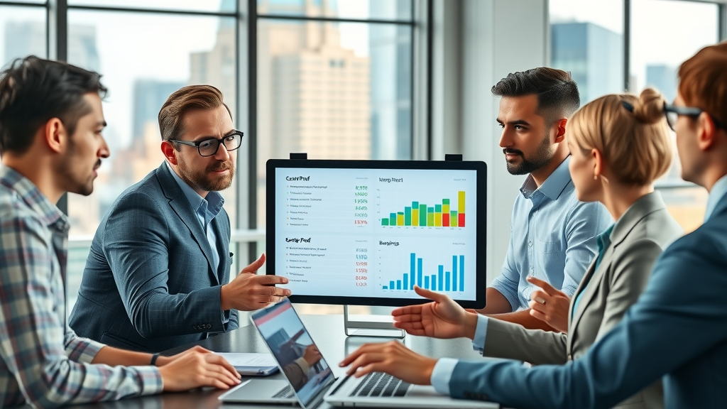 Diverse marketing professionals analyzing social proof data on a digital dashboard in a modern office with cityscape background
