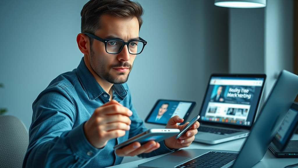 Organized marketer launching a video marketing campaign on multiple digital devices with animated social media icons