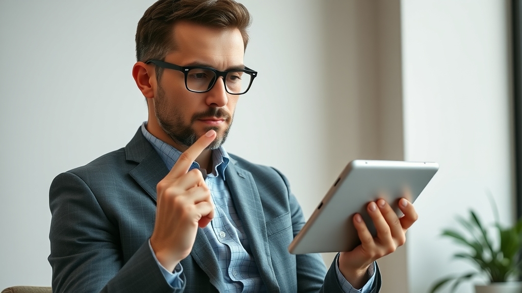 Business owner comparing and analyzing video marketing tools on tablet — video marketing tools, editing tool, video platform
