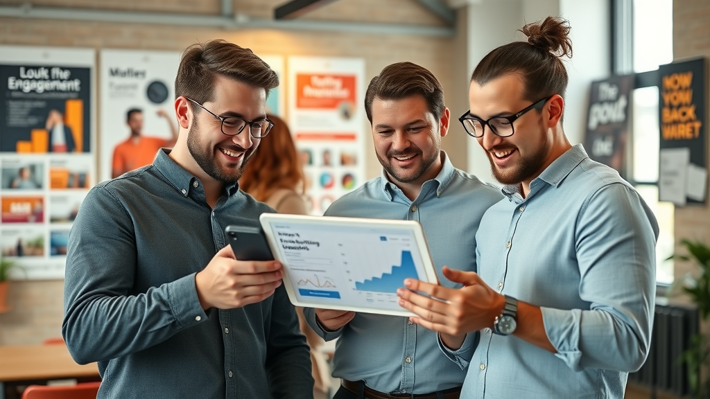 creative marketing team reviewing engagement metrics on digital tablet