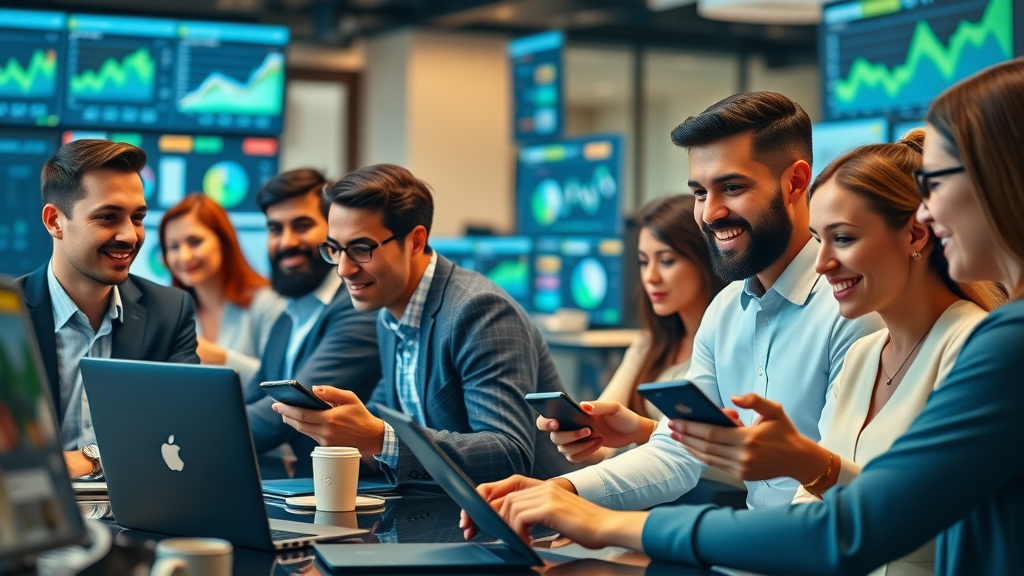 diverse businesspeople collaborating in digital marketing workspace