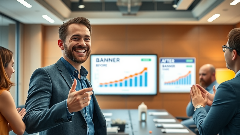 brand manager reviewing successful banner ad campaign with team