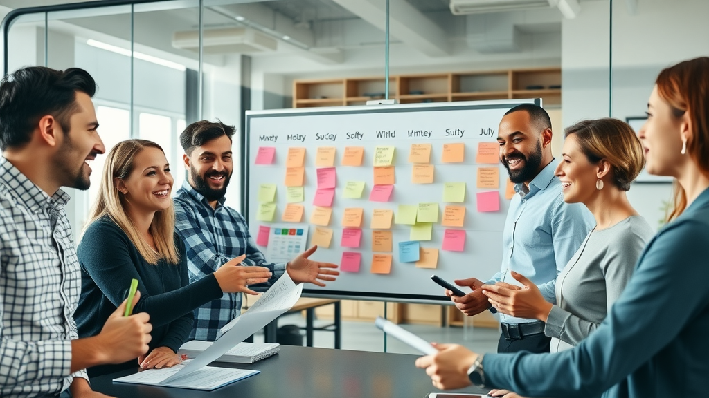 inspired marketing team collaborating on content calendar reviewing creative briefs in sleek glass-walled meeting room with digital whiteboard