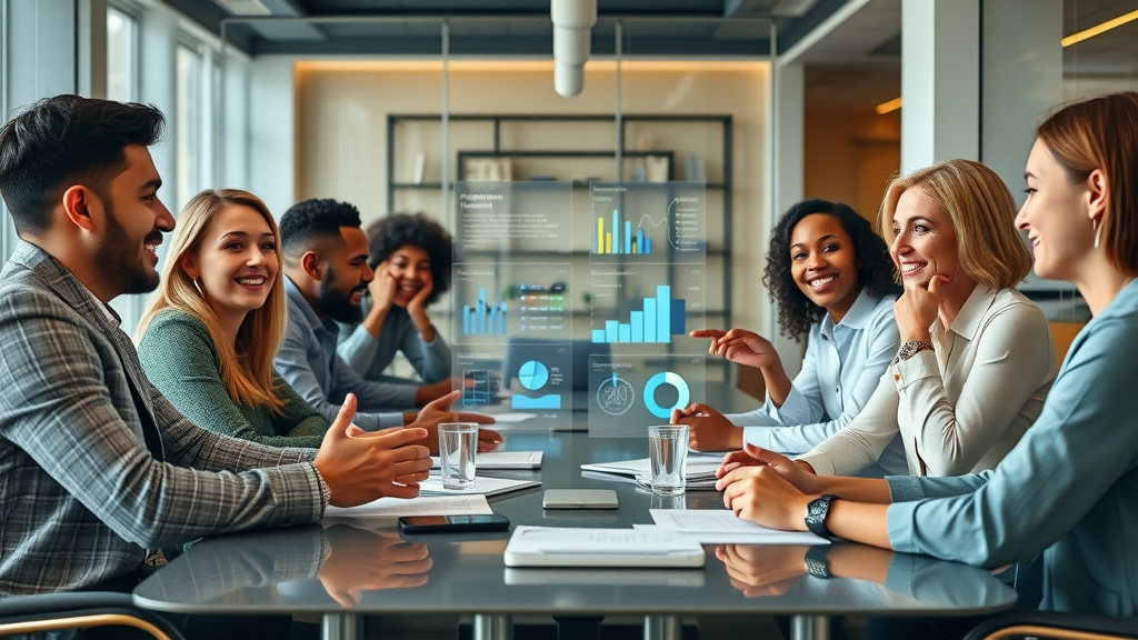 marketing team discussing data-driven goals around a conference table, using transparent data screens