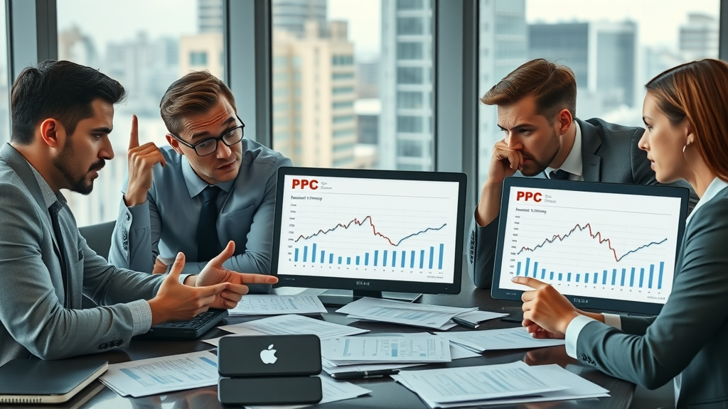 Troubled business team reviewing failed pay-per-click reports, concerned about declining graphs and wasted PPC budget in a modern meeting room.