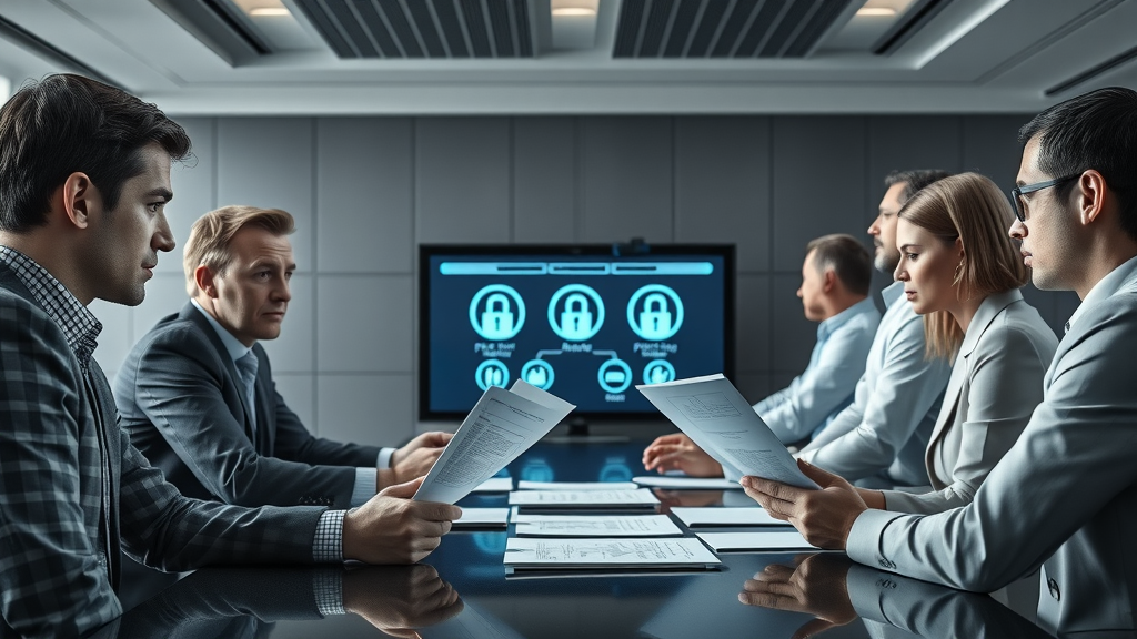 Corporate team discussing digital risk and privacy policy in boardroom, navigating challenges in social media platforms, media updates