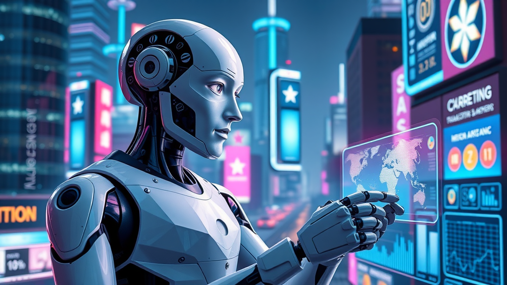 artificial intelligence robot collaborating on marketing strategy with interactive dashboards for ai in marketing