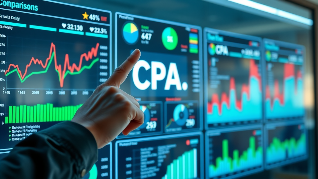 cost per acquisition vs. cost per action dashboard comparison, digital graphs, CPA and CPA figures, modern office