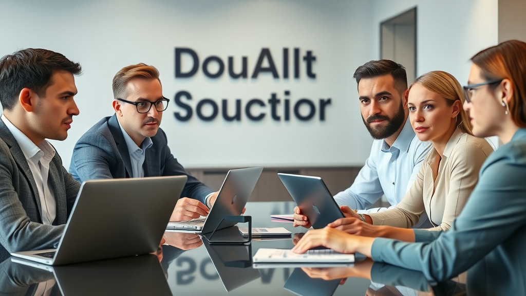 professional interview panel assessing social media manager candidate in smart modern boardroom with laptops and branded wall
