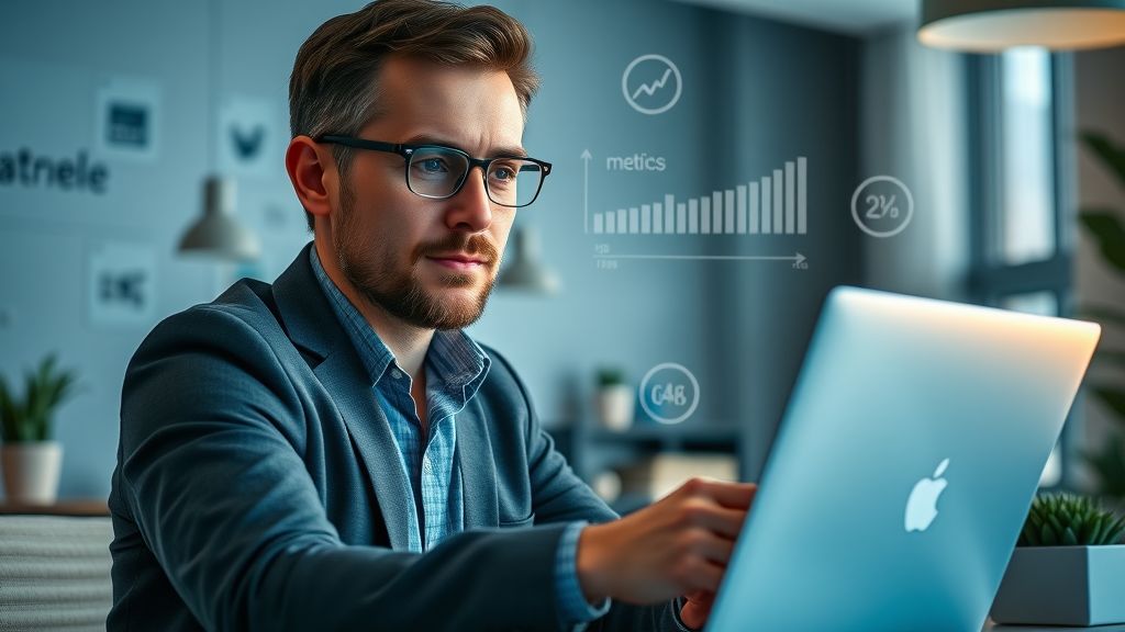 business manager analyzing social media analytics tool dashboard on laptop