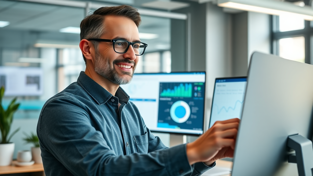 Marketing manager analyzing multiple AI marketing tools using a sleek software dashboard UI, comparing features for the best ai tool for marketing success