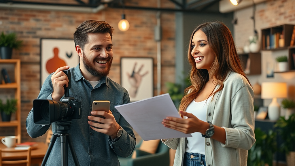 Influencer collaborating on creative content for marketing campaign in studio