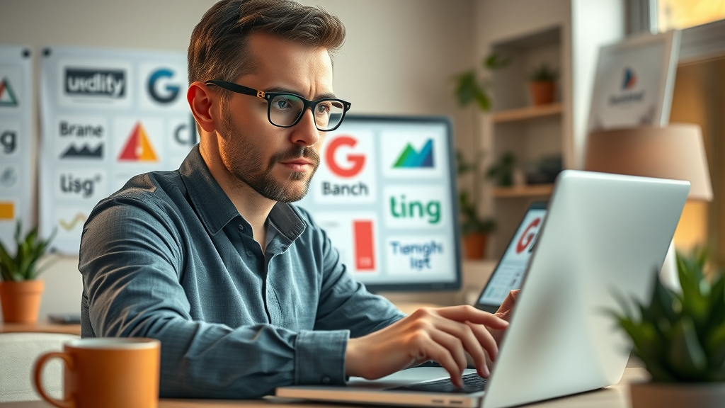 modern marketing strategist reviewing brand assets and digital brand logos to build brand awareness