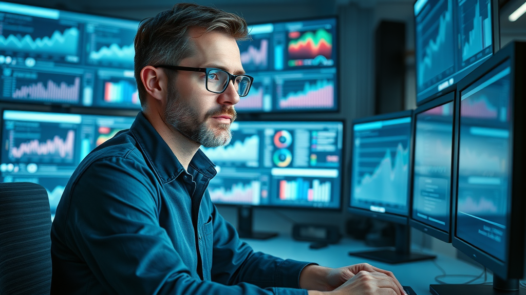 Analytical marketing manager reviewing video campaign insights on multiple screens in a futuristic workspace with digital charts and holographics