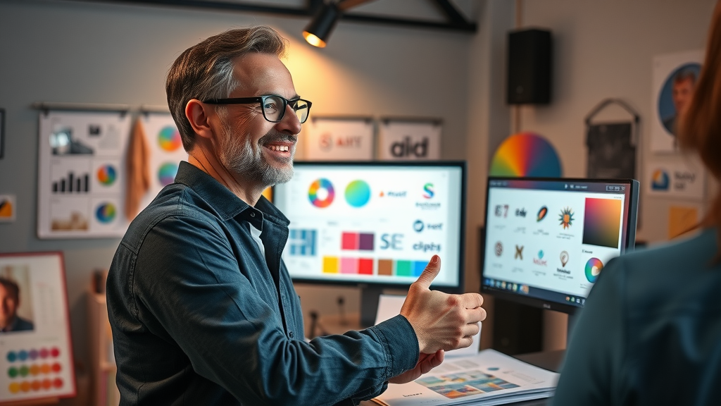 creative director reviewing brand color palettes and logo sketches, brand identity and messaging alignment