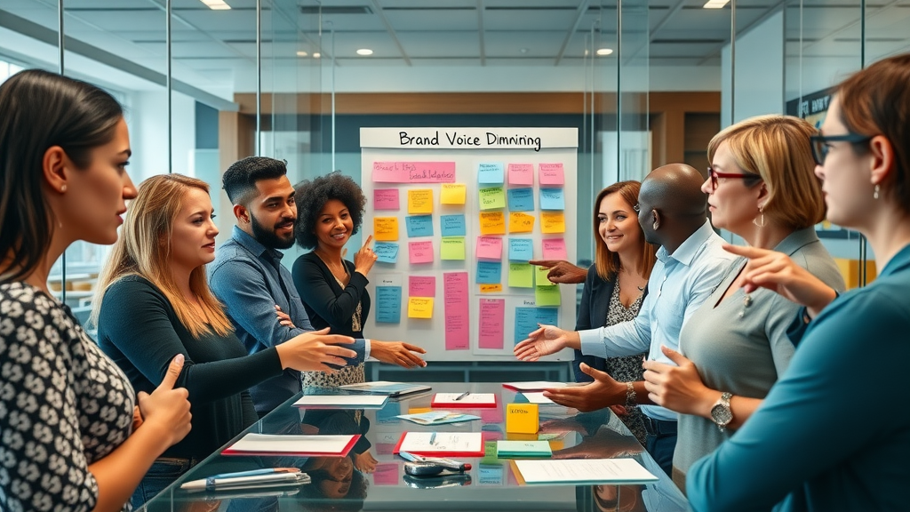 brand voice analysis professionals brainstorming the four dimensions of brand voice in a modern workshop