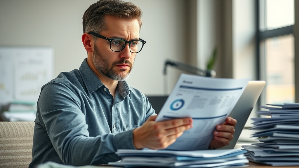 Marketing manager reviewing digital marketing campaign failure report in modern workspace, digital marketing news, concern evident
