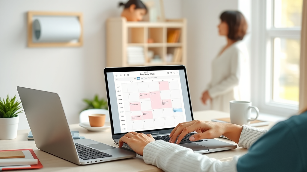 beginner using a content scheduling tool for social media management on a laptop in a bright workspace