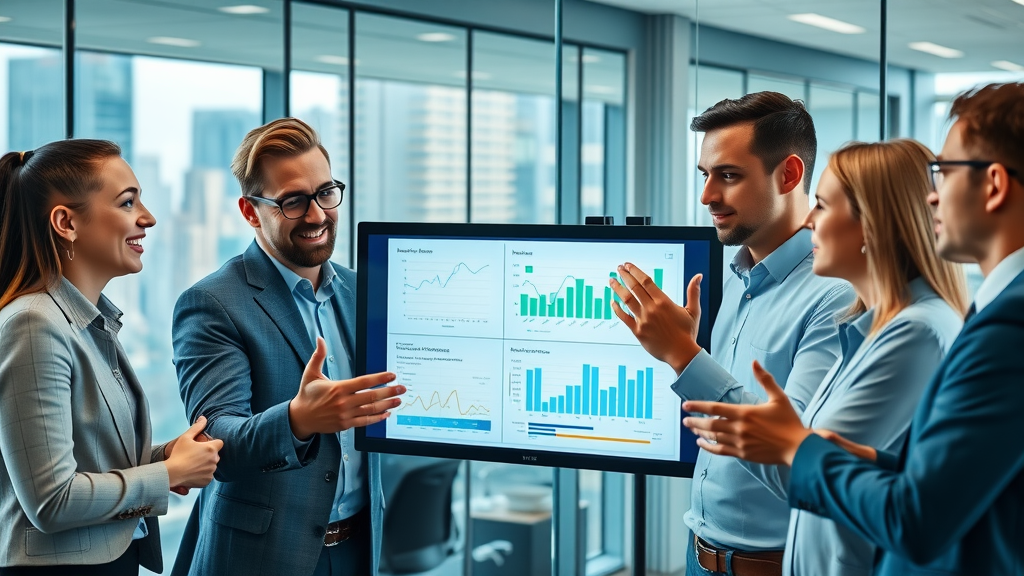 dynamic business team using predictive analytics marketing with digital charts on a large interactive screen