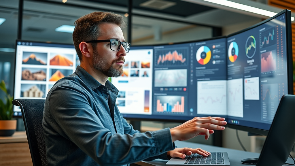 Content marketing tools: Multitasking marketer switching between blog, design, and social media dashboards.