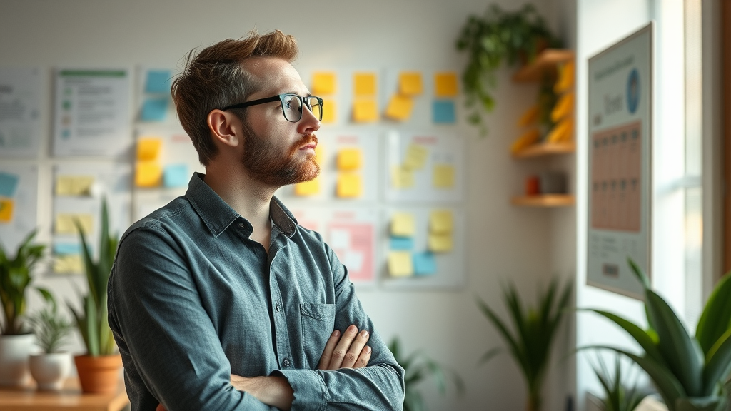 marketing director aligning reputation marketing strategy with brand values using sticky notes
