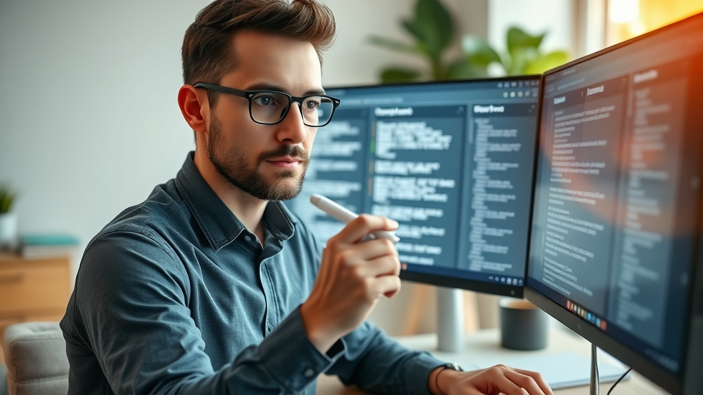 search engine optimization focused digital marketer analyzing keyword research data on monitors in a modern office