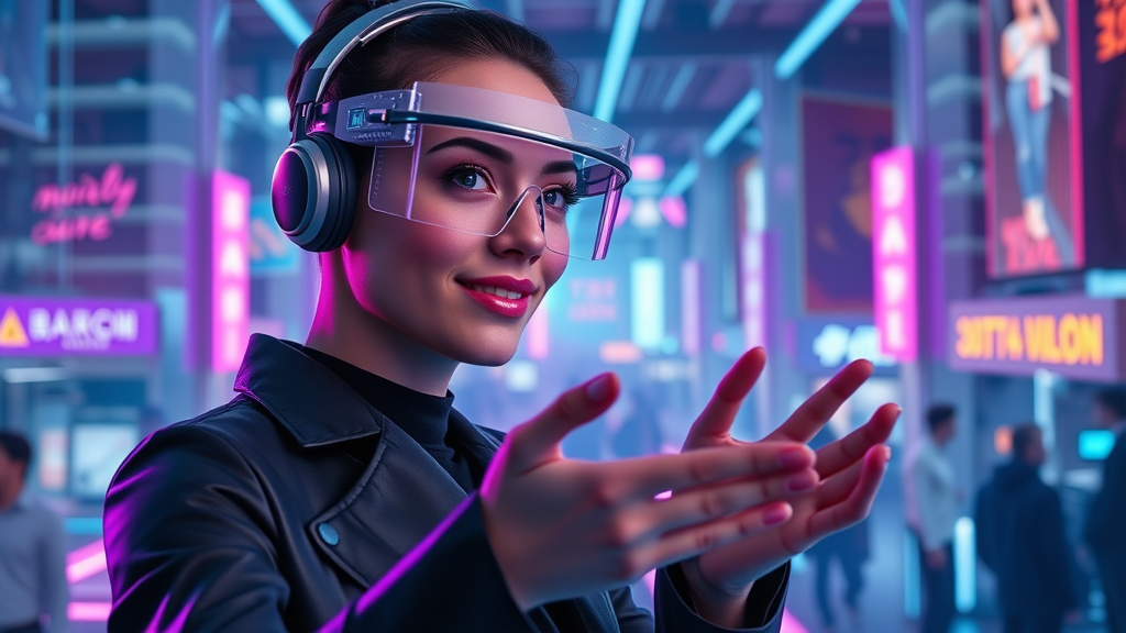 Futuristic virtual influencer engaging with fans via augmented reality interface