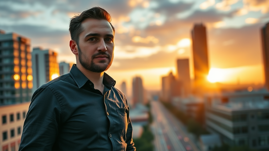 motivated entrepreneur starting local seo journey city sunrise confident walk