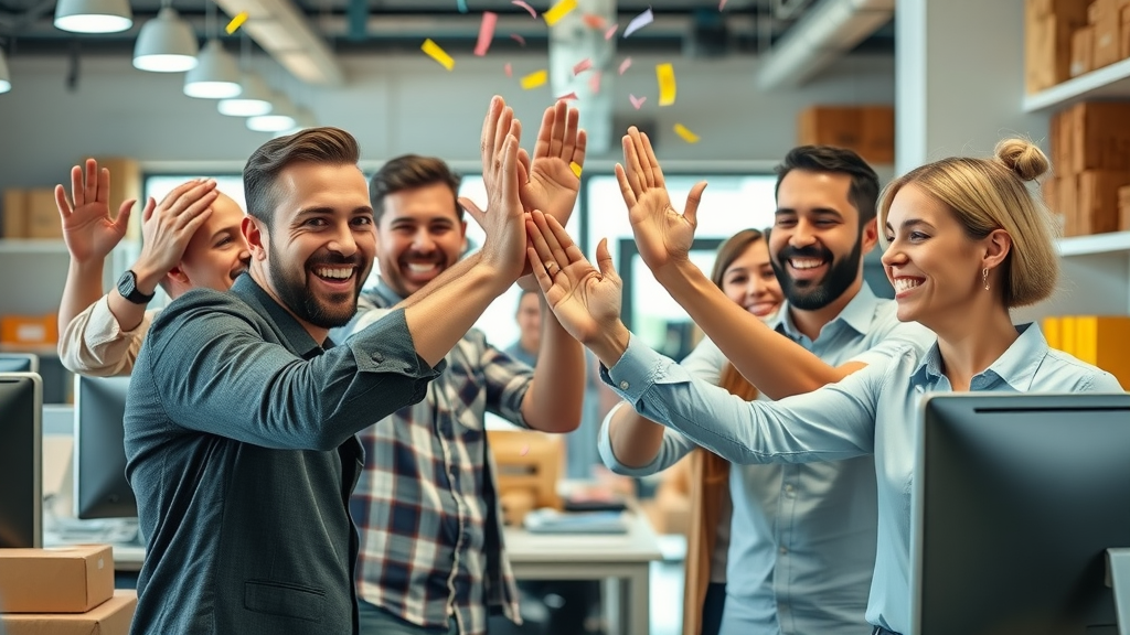 Small business team celebrating sales boost after launching ecommerce website build.