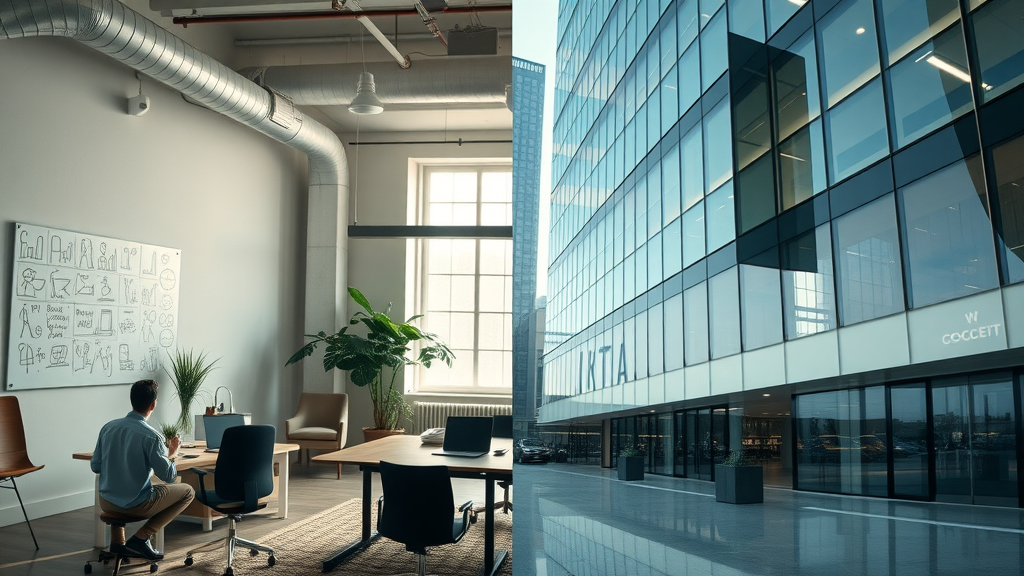 side-by-side comparison of startup and corporate branding strategies, differences in brand strategy for startups and established brands