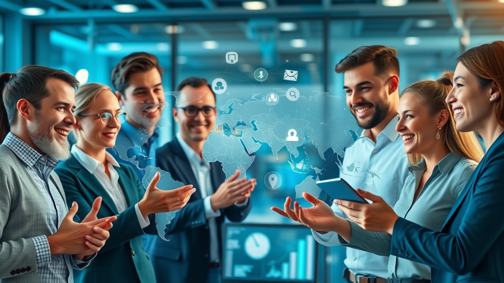 modern global digital network with social media marketing strategies, business professionals collaborating with media trends and analytic graphs