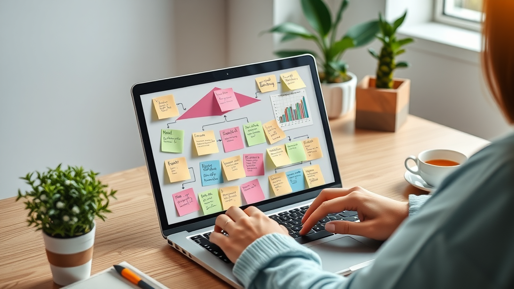 Creative marketer planning a campaign with digital sticky notes and social proof icons on a modern workspace laptop