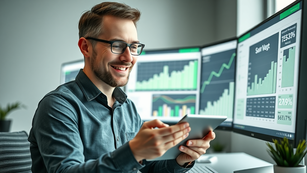 marketing manager reviewing ecommerce sales growth after successful social media retargeting ad campaign