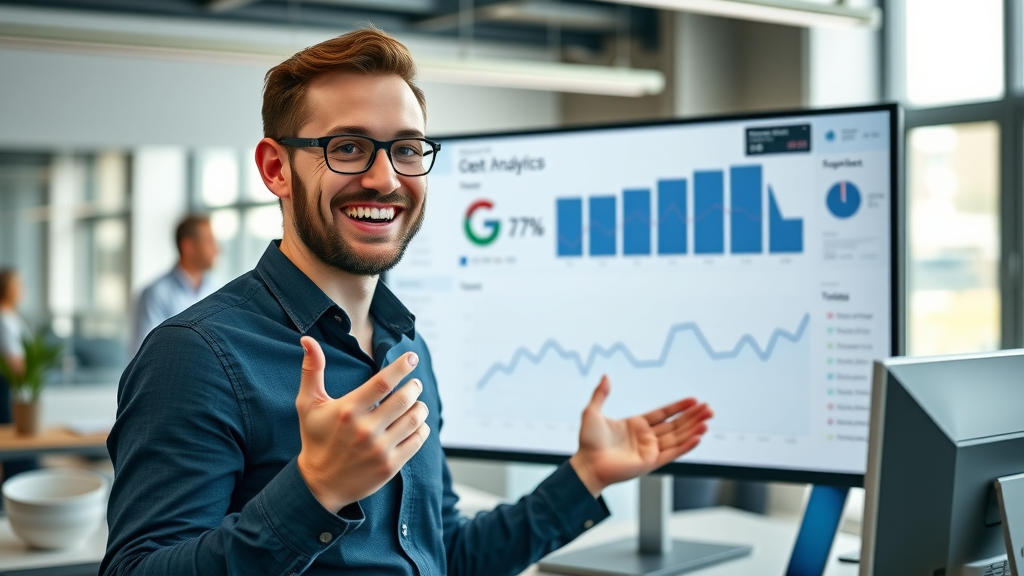 conversion rate optimization marketing analyst with Google Analytics dashboard, open-plan office, animated data flows