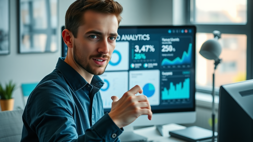Digital marketer analyzing organic traffic graphs and user journey maps using SEO tools in a detailed home office environment.