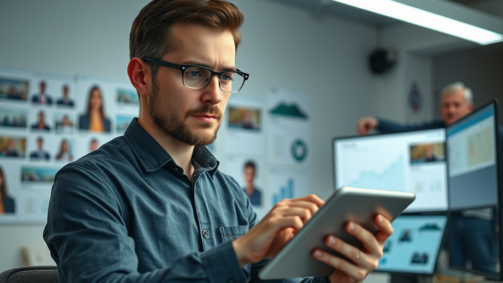Professional digital marketer reviewing audience analytics on tablet, workspace with persona boards and video thumbnails