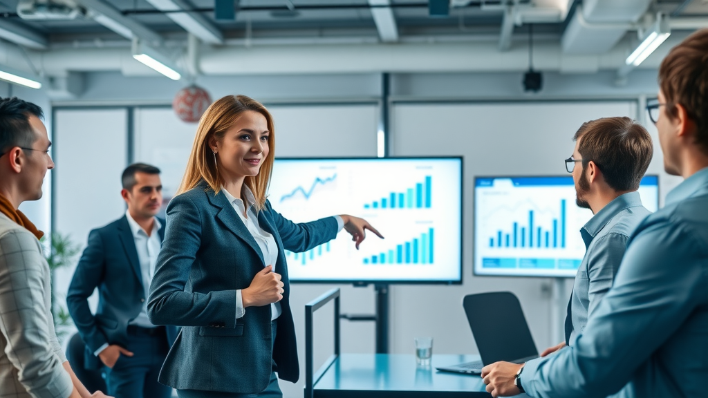 Businesswoman at Salt Lake City digital marketing agency presenting leads growth charts.
