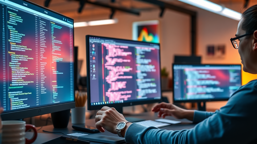 front-end development vibrant modern website interface, digital workspace, users browsing, visible code