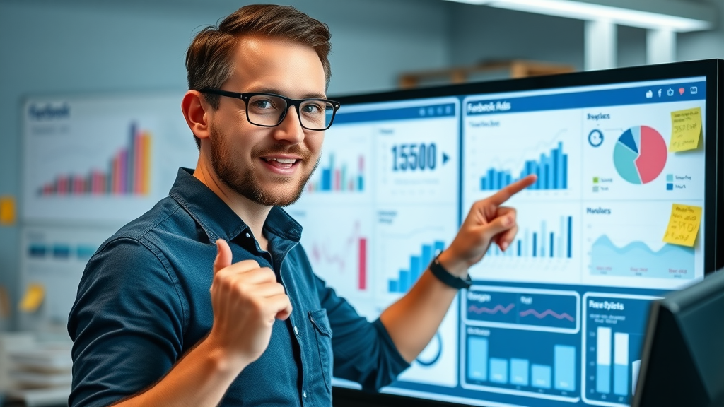 Marketing analyst presenting Facebook Ads campaign insights on interactive smartboard