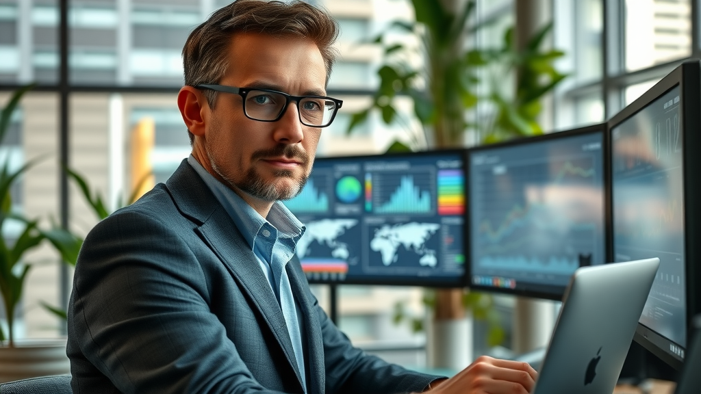 determined marketing strategist analyzing social media campaign dashboards on multiple screens