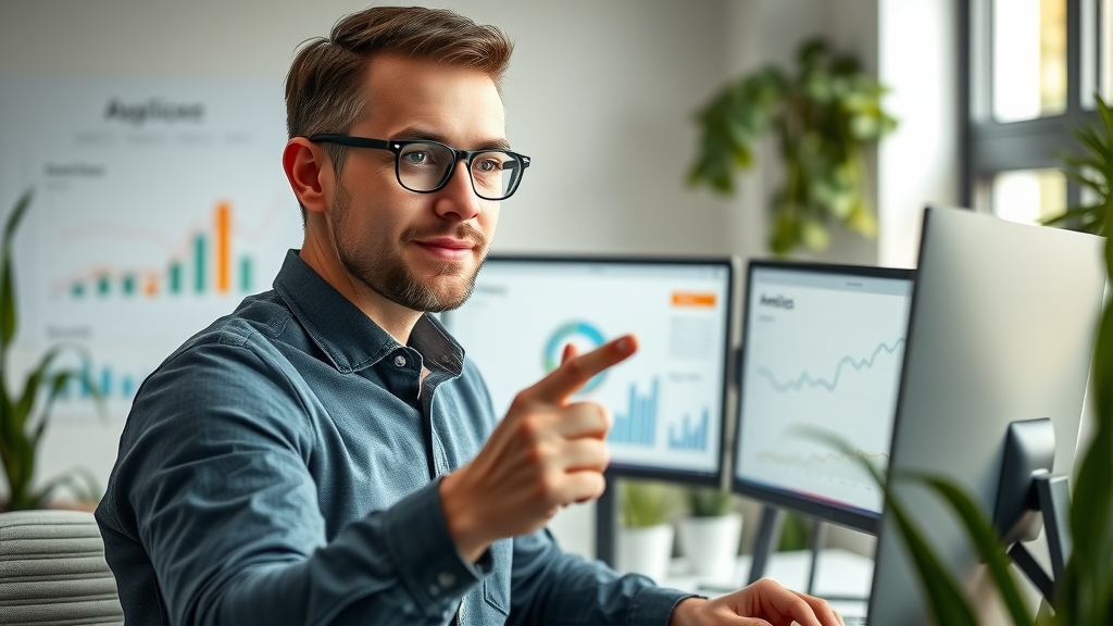 Confident digital marketer reviewing Google Ads Campaigns analytics dashboard, detecting google ads campaigns performance issues