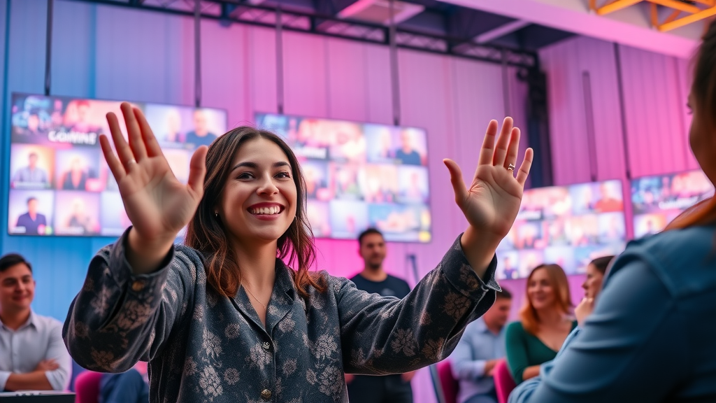Influencer building a positive brand reputation on social media livestream, interacting with loyal customer base