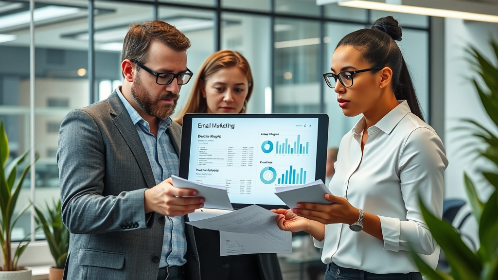 Professional marketers analyzing email marketing reports, displaying email marketing leads data on a digital screen in a modern corporate office