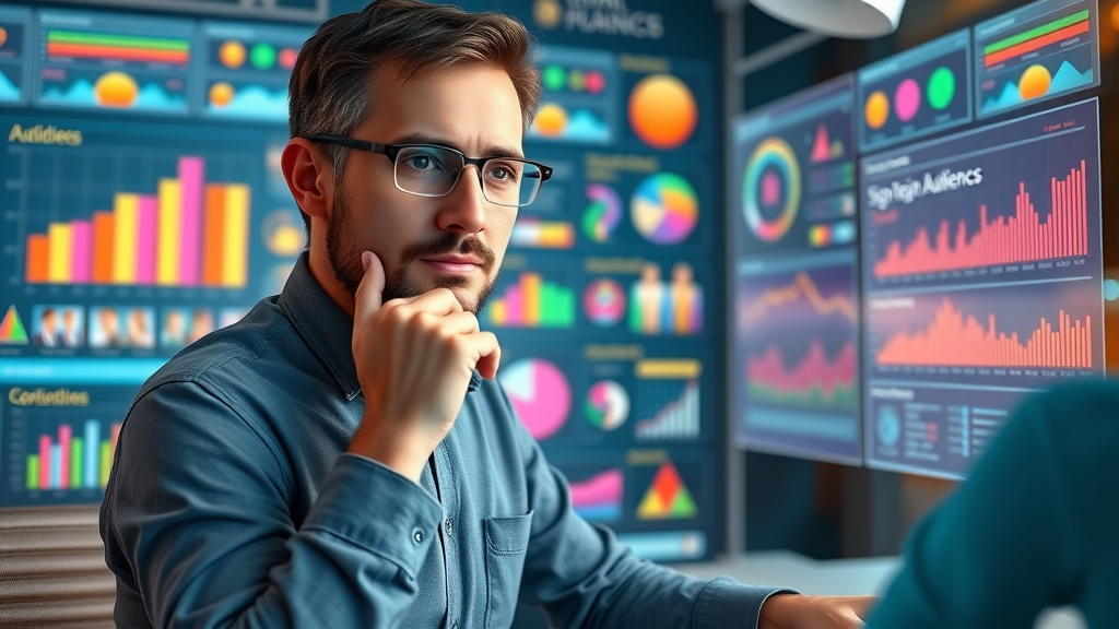 Strategic planner segmenting audiences using digital tools, virtual workspace displaying color-coded data segments and custom audience representations