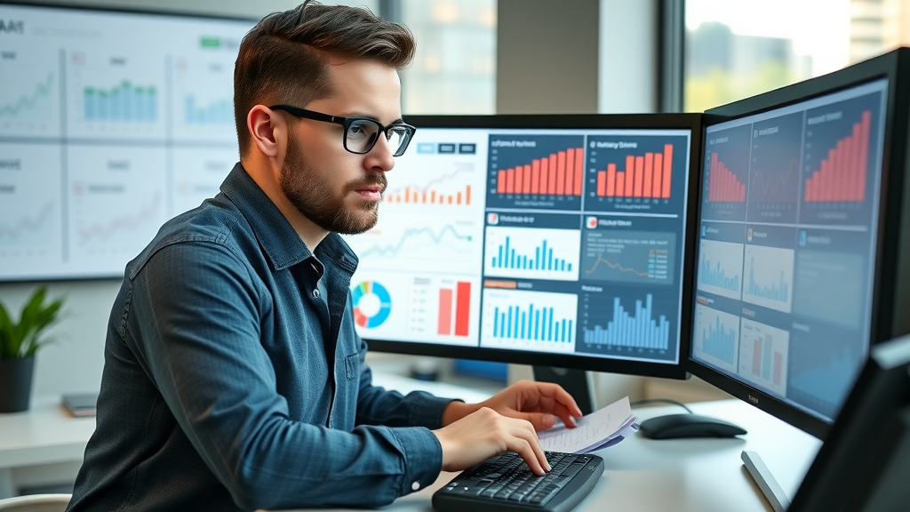 dynamic digital marketer analyzing SEO data on a dual monitor setup for video seo optimization