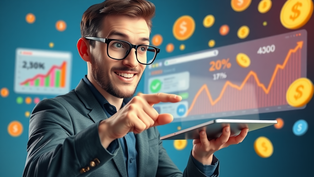 Marketer launching a paid search campaign, determined, clicking to launch ad, 3D cartoon style, floating PPC ads and colorful charts, animated currency symbols, bright colors, 24mm lens. Faces, limbs, hands, and fingers positioned naturally. No text.
